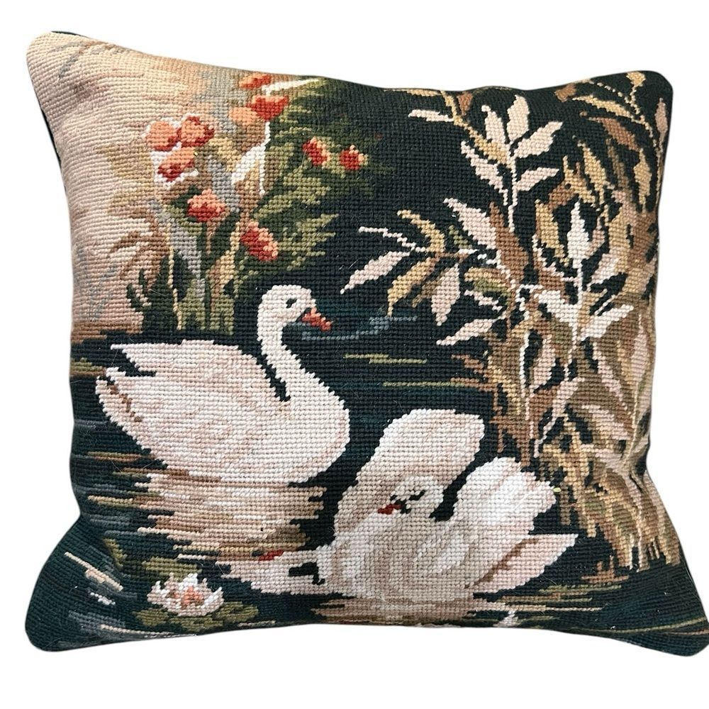 Swan needle point throw pillow